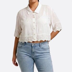 Johnny Was 0X White Embroidered Scallop Silk-Feel Blouse Luxury Boho Top Large